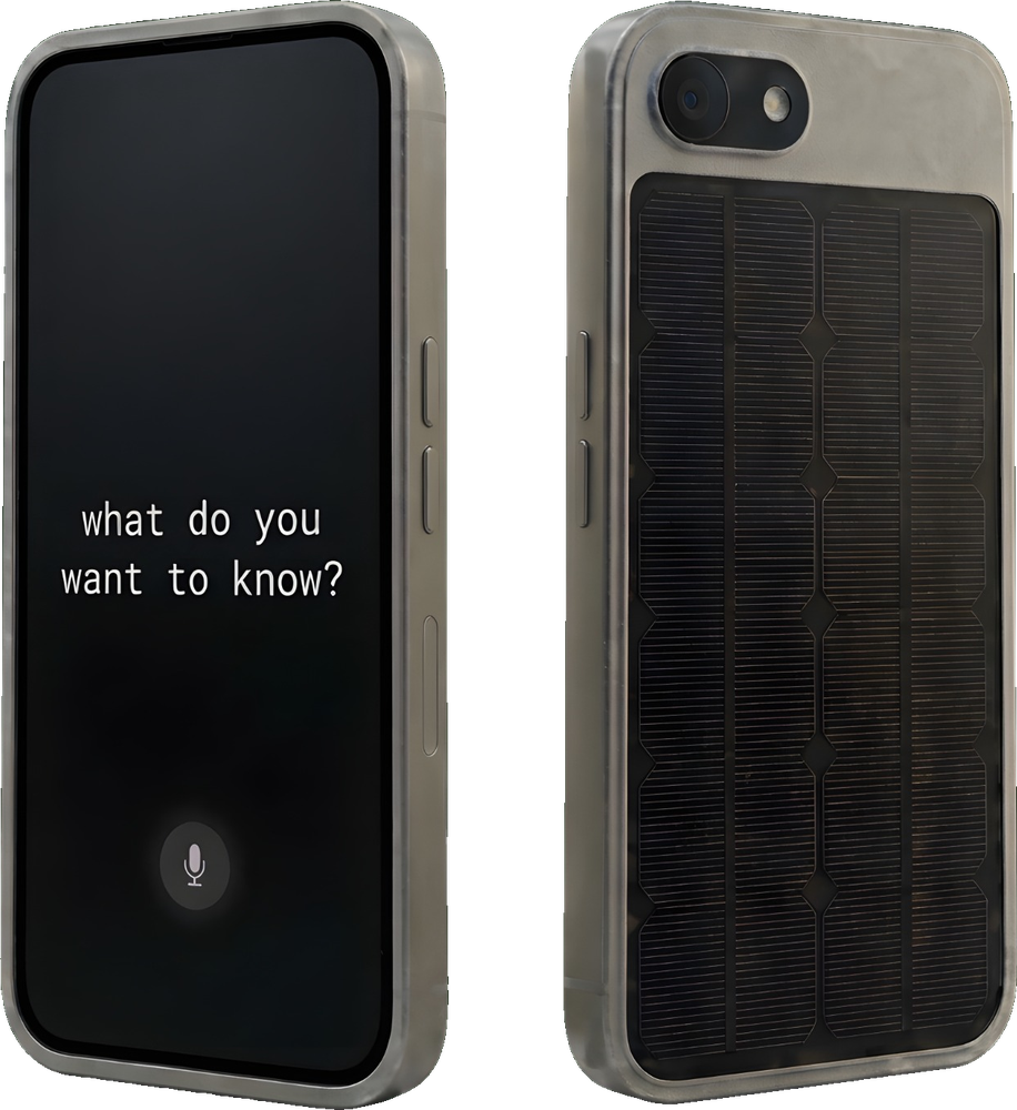 GenesisOne rugged phone, shown from the front and back, with a solar panel on the back